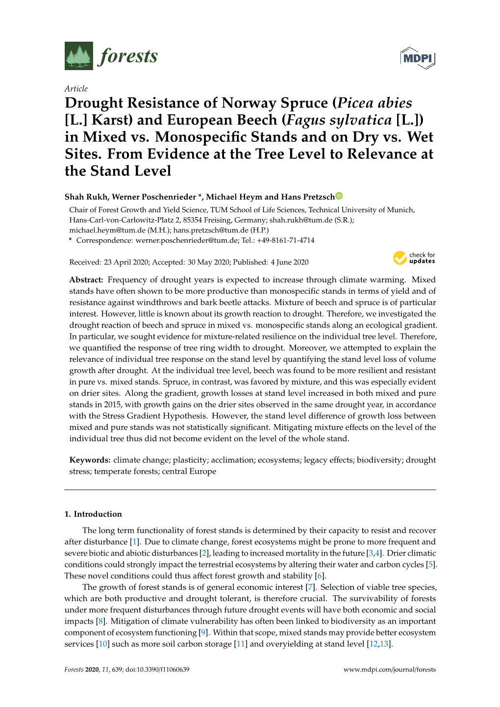 Drought Resistance of Norway Spruce (Picea Abies [L.] Karst) and European Beech (Fagus Sylvatica [L.]) in Mixed Vs