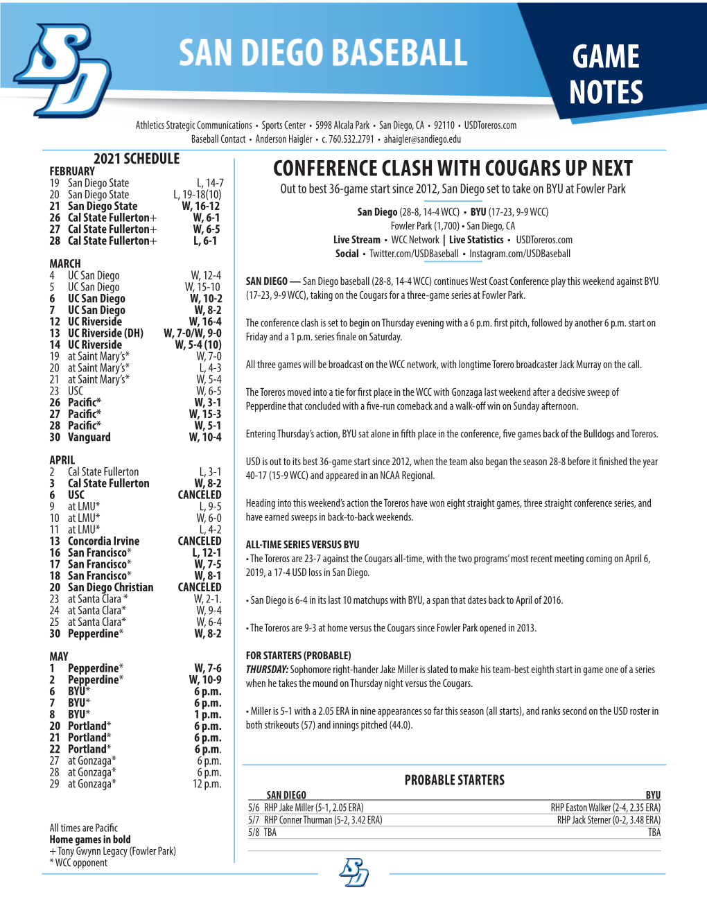 GAME NOTES Athletics Strategic Communications • Sports Center • 5998 Alcala Park • San Diego, CA • 92110 • Usdtoreros.Com Baseball Contact • Anderson Haigler • C