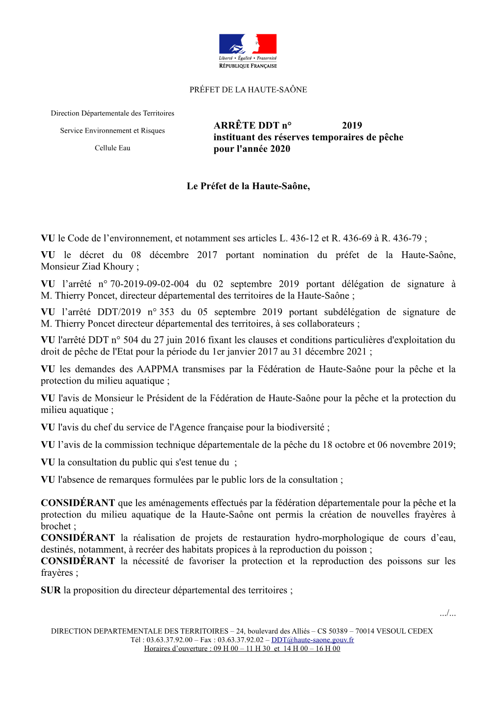 ARRÊTE DDT N° 2019 Instituant Des Réserves Temporaires De Pêche Cellule Eau Pour L'année 2020