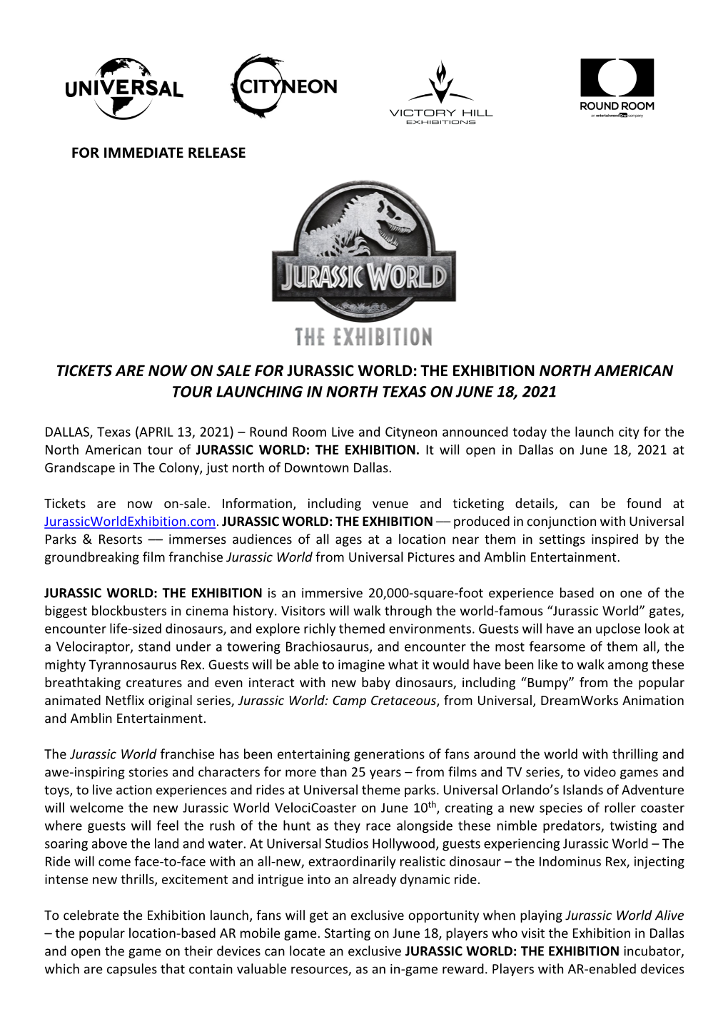 Tickets Are Now on Sale for Jurassic World: the Exhibition North American Tour Launching in North Texas on June 18, 2021