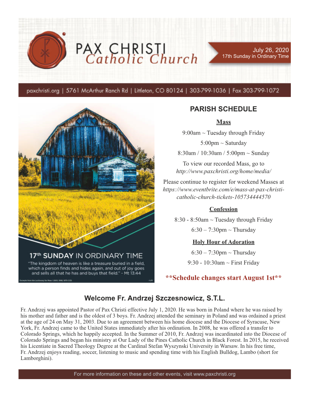 PARISH SCHEDULE **Schedule Changes Start August 1St