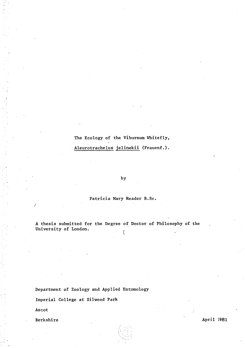 The Ecology of the Viburnum Whitefly, Aleurotrachelus Jelinekii (Frauenf