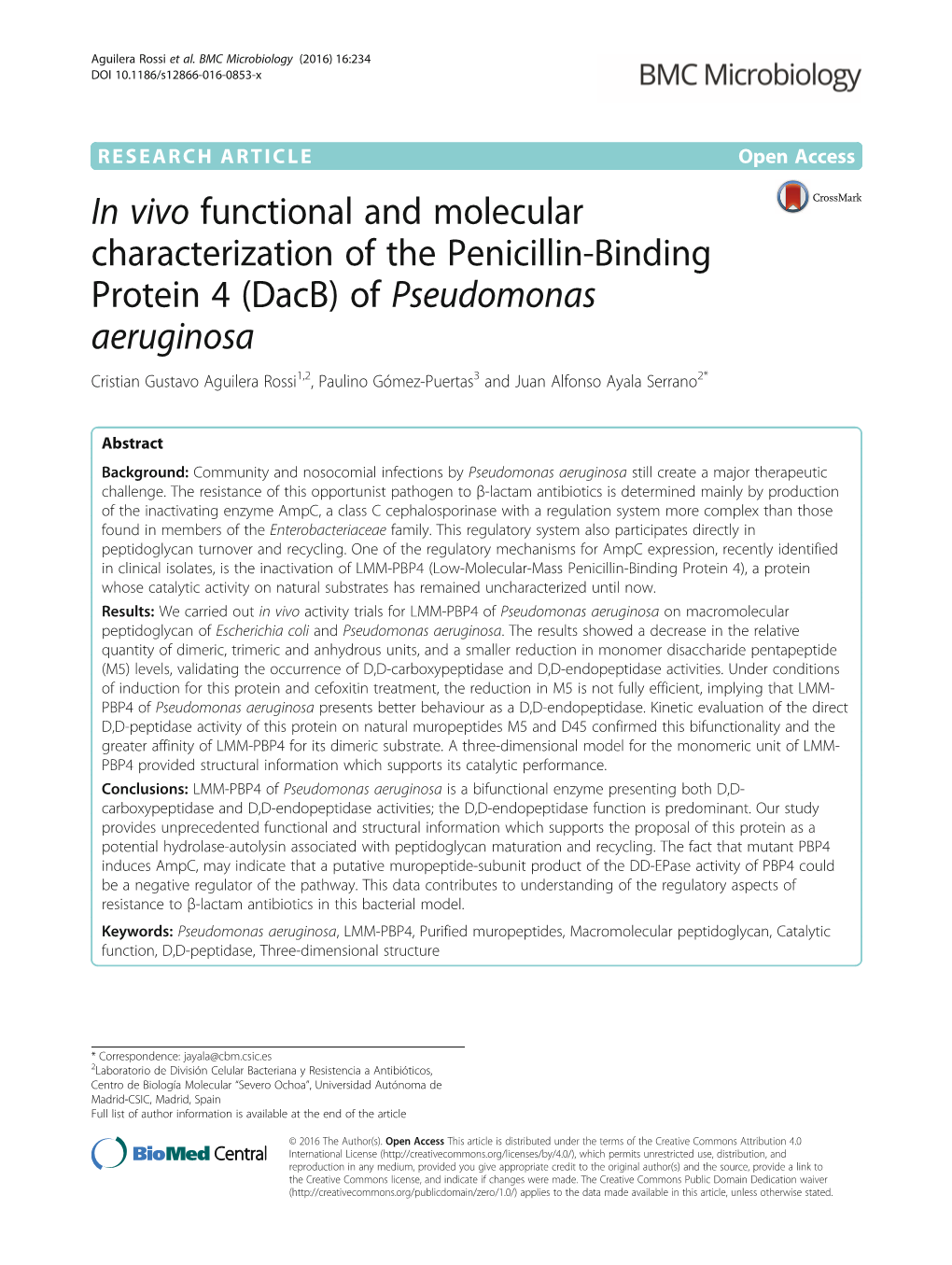 Of Pseudomonas Aeruginosa Cristian Gustavo Aguilera Rossi1,2, Paulino Gómez-Puertas3 and Juan Alfonso Ayala Serrano2*