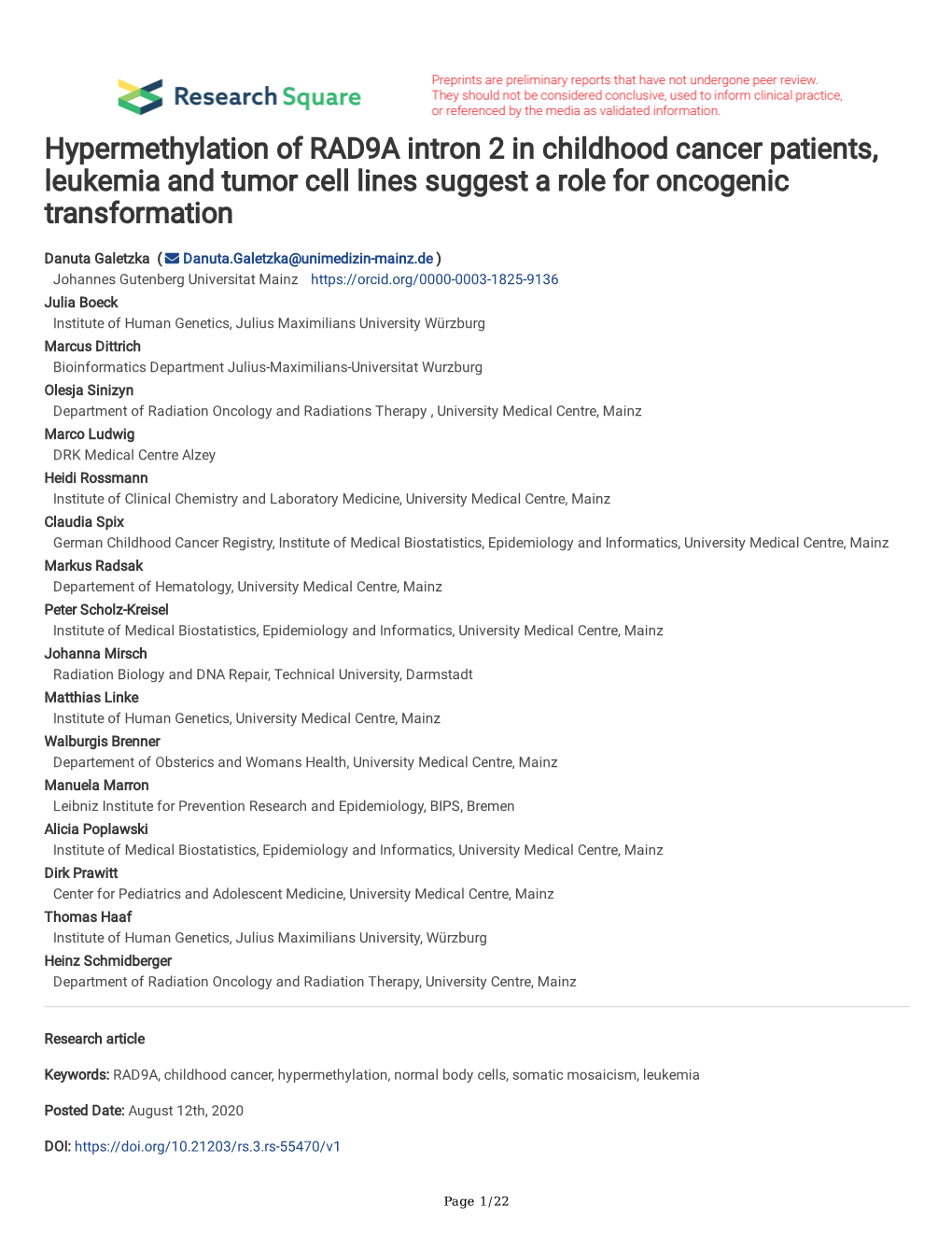 Hypermethylation of RAD9A Intron 2 in Childhood Cancer Patients, Leukemia and Tumor Cell Lines Suggest a Role for Oncogenic Transformation