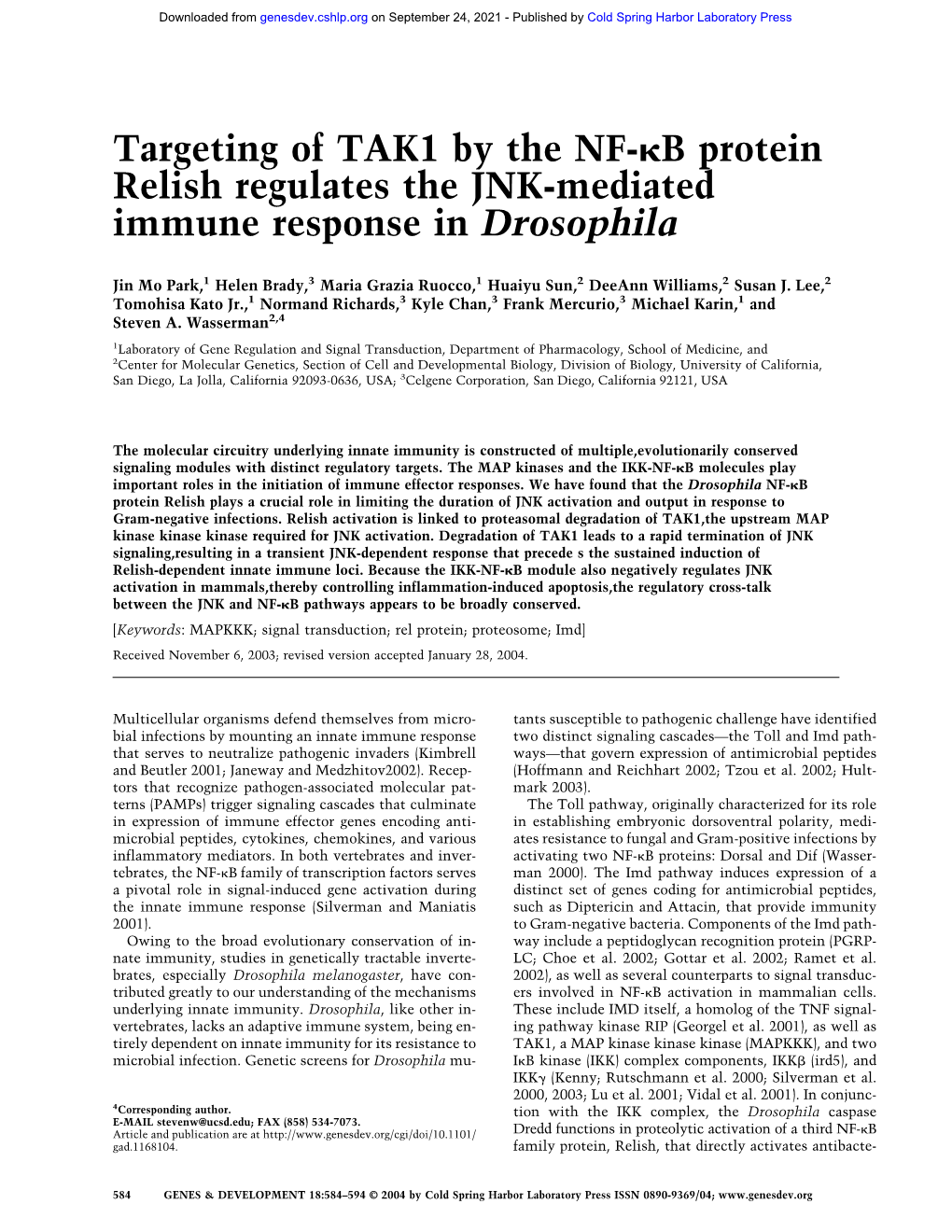 B Protein Relish Regulates the JNK-Mediated Immune Response in Drosophila