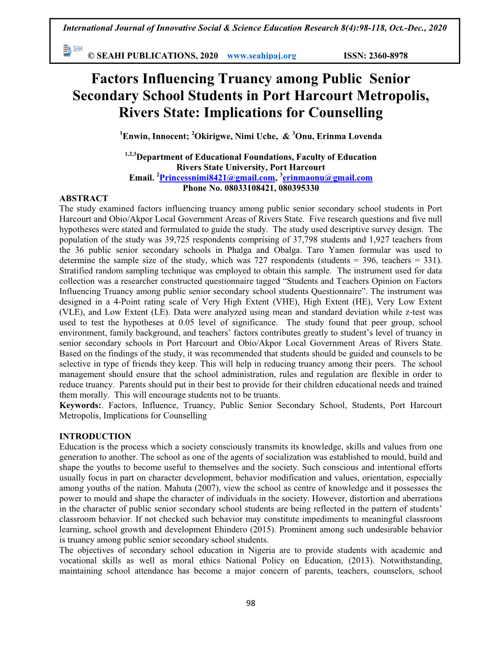 Factors Influencing Truancy Among Public Senior Secondary School Students in Port Harcourt Metropolis, Rivers State: Implications for Counselling