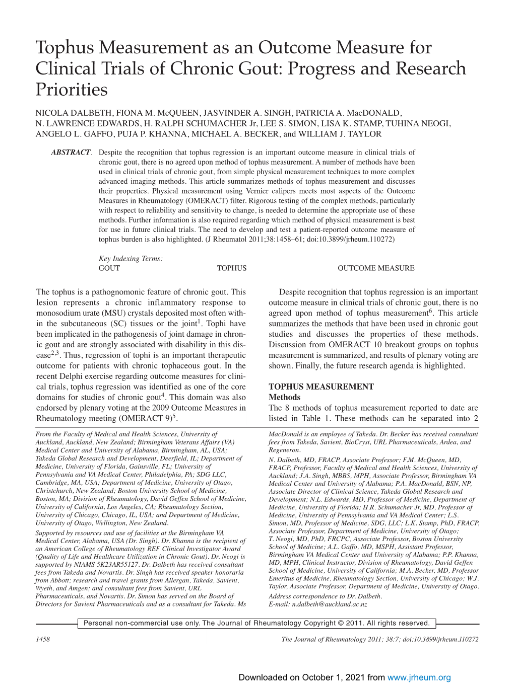 Tophus Measurement As an Outcome Measure for Clinical Trials of Chronic Gout: Progress and Research Priorities NICOLA DALBETH, FIONA M