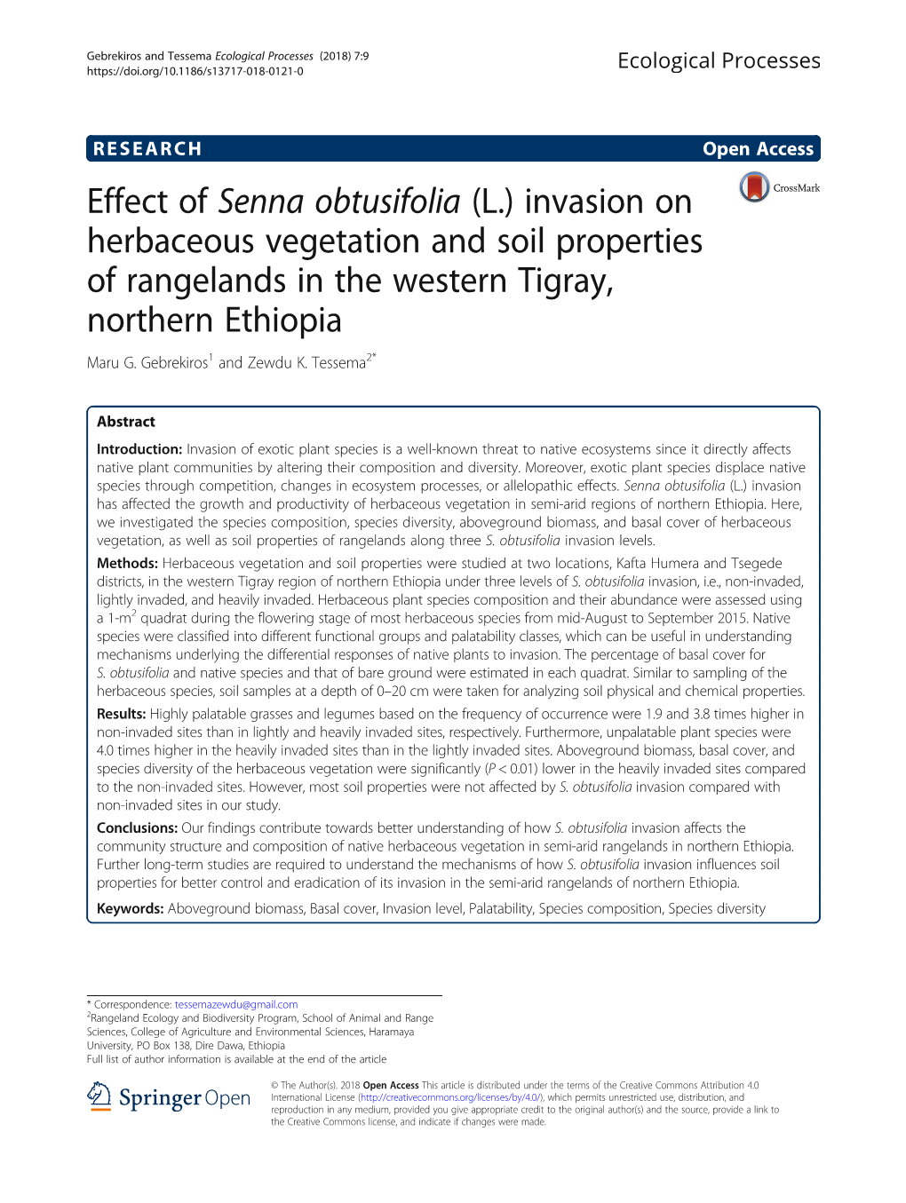 Effect of Senna Obtusifolia (L.) Invasion on Herbaceous Vegetation and Soil Properties of Rangelands in the Western Tigray, Northern Ethiopia Maru G