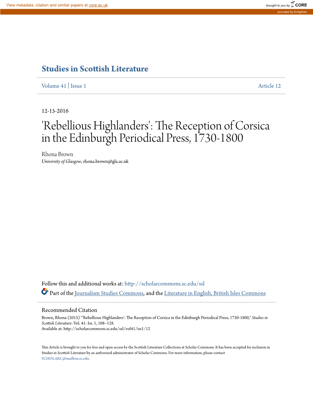 'Rebellious Highlanders': the Reception of Corsica in the Edinburgh Periodical Press, 1730-1800 Rhona Brown University of Glasgow, Rhona.Brown@Gla.Ac.Uk
