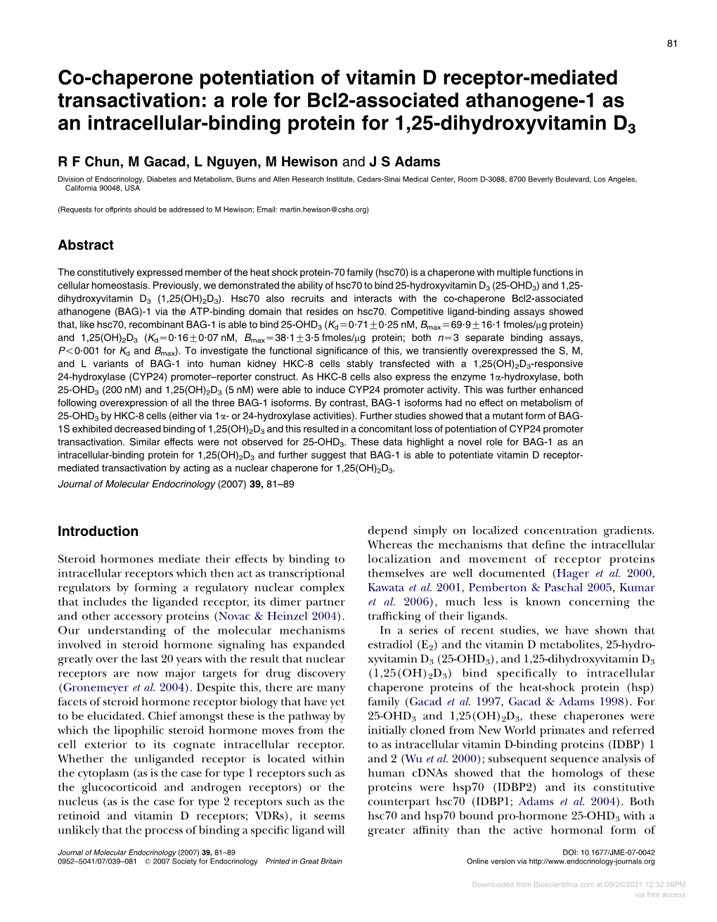 Co-Chaperone Potentiation of Vitamin D Receptor-Mediated Transactivation