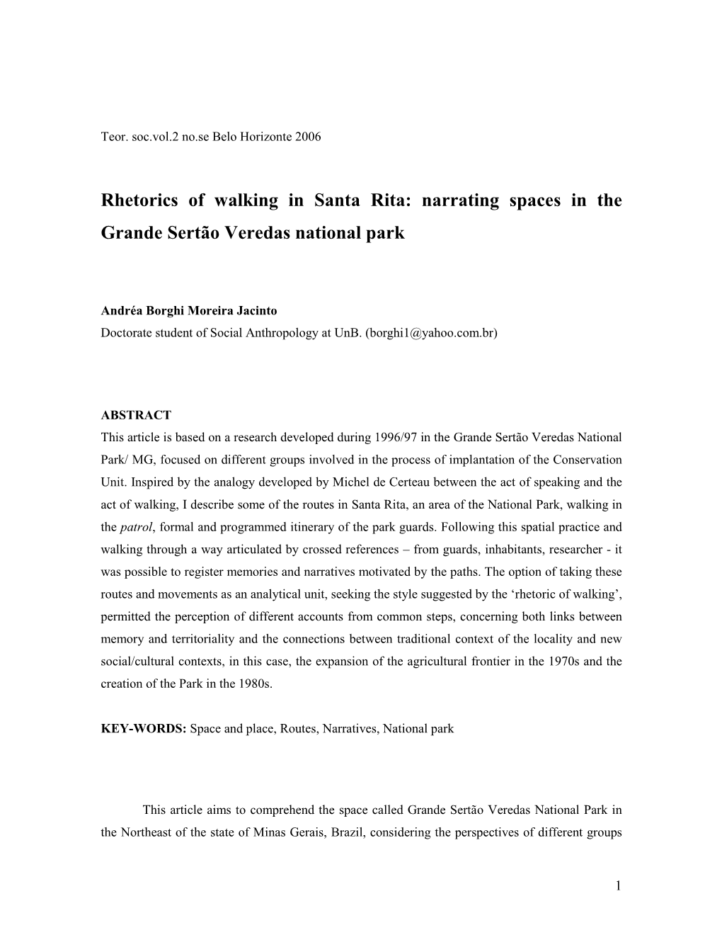 Rhetorics of Walking in Santa Rita: Narrating Spaces in the Grande Sertão Veredas National Park