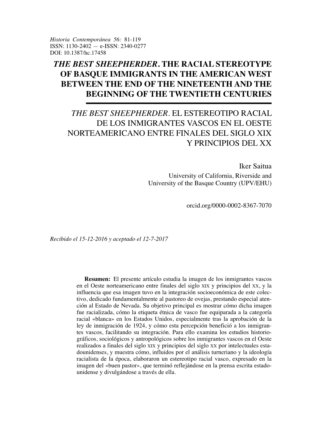 The Best Sheepherder. the Racial Stereotype of Basque Immigrants in the American West Between the End of the Nineteenth and the Beginning of the Twentieth Centuries