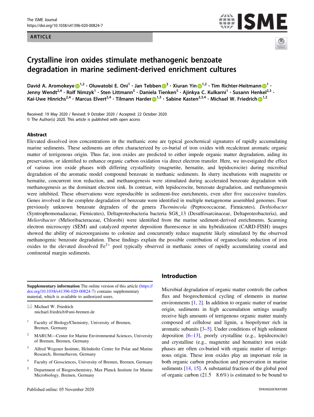 Crystalline Iron Oxides Stimulate Methanogenic Benzoate Degradation in Marine Sediment-Derived Enrichment Cultures