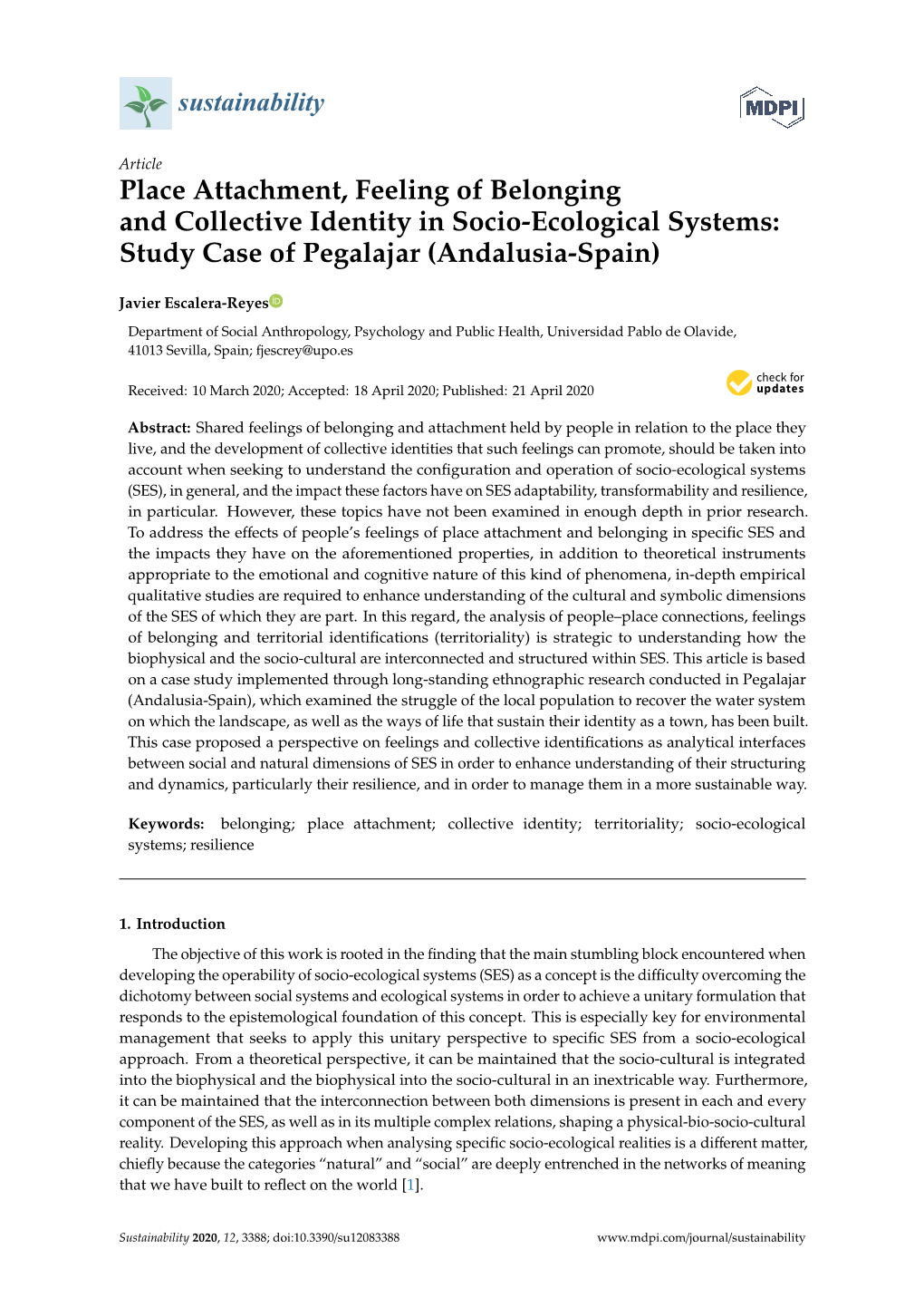 Place Attachment, Feeling of Belonging and Collective Identity in Socio-Ecological Systems: Study Case of Pegalajar (Andalusia-Spain)