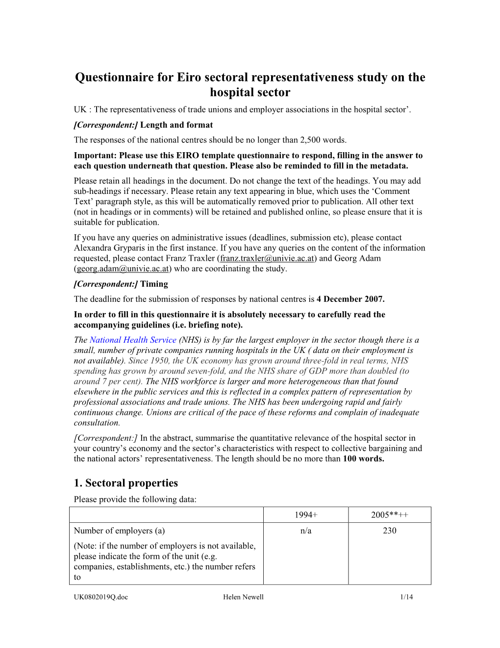 Questionnaire for Eiro Sectoral Representativeness Study on The