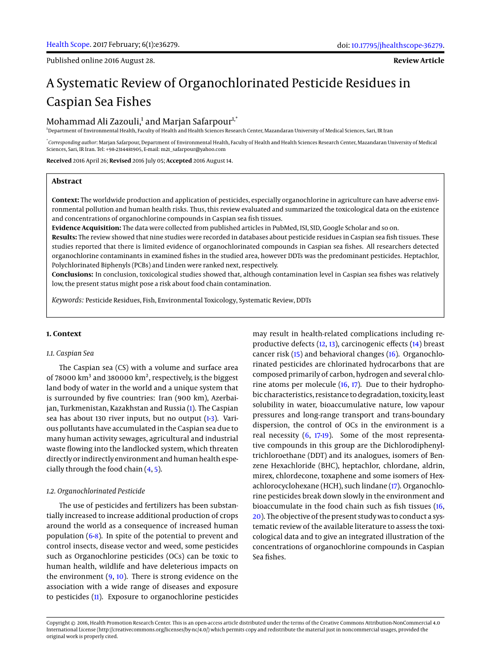 A Systematic Review of Organochlorinated Pesticide Residues in Caspian Sea Fishes