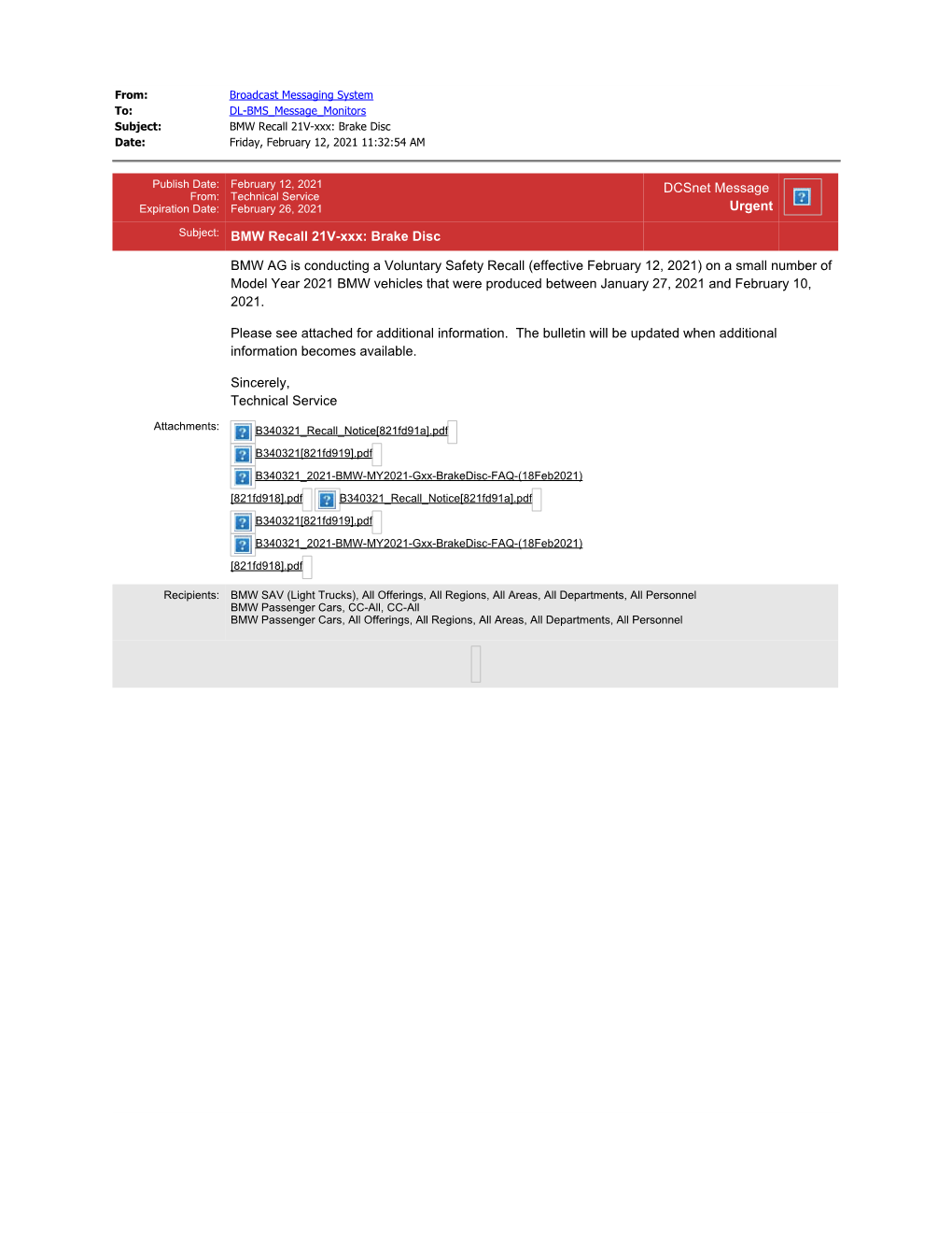 BMW Recall 21V-Xxx: Brake Disc Date: Friday, February 12, 2021 11:32:54 AM