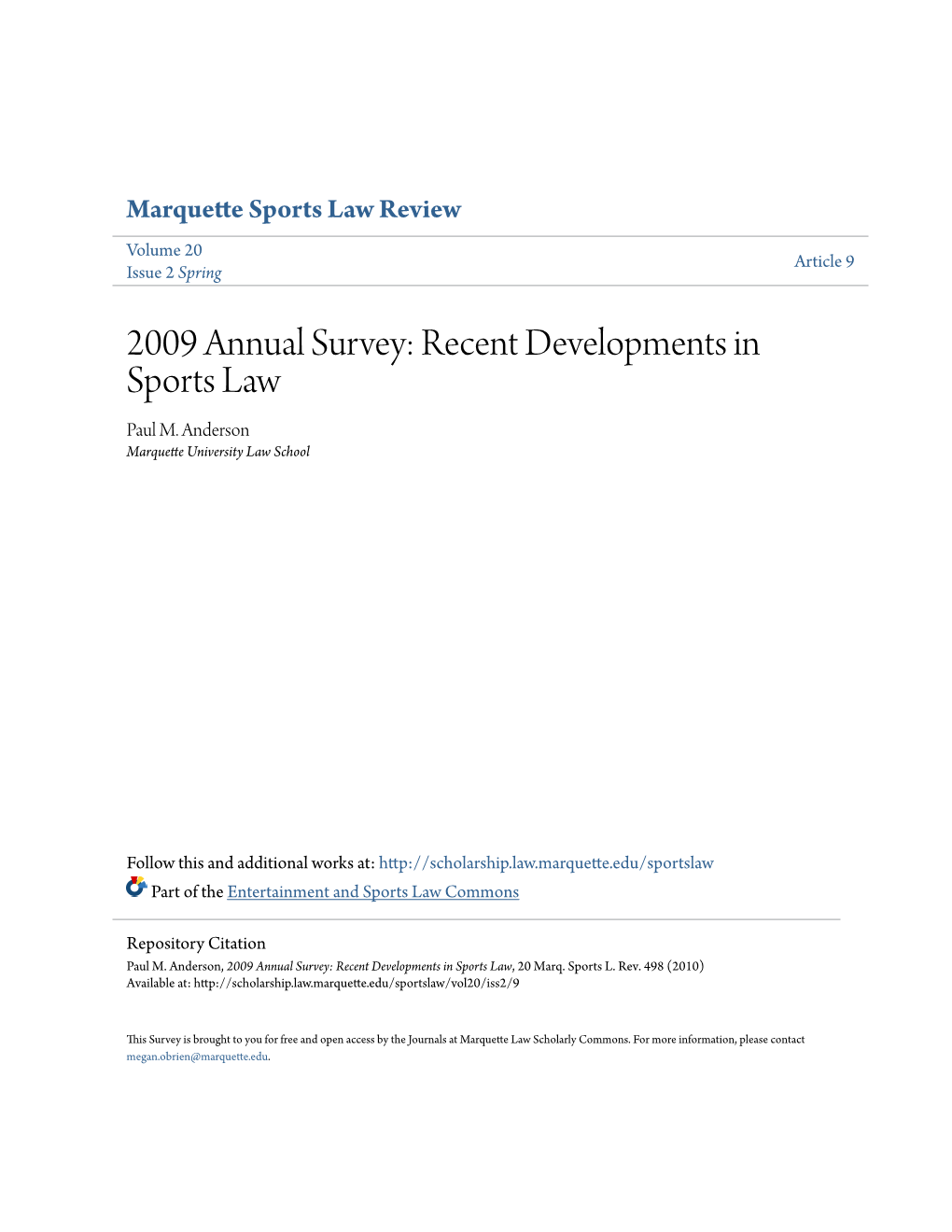 2009 Annual Survey: Recent Developments in Sports Law Paul M