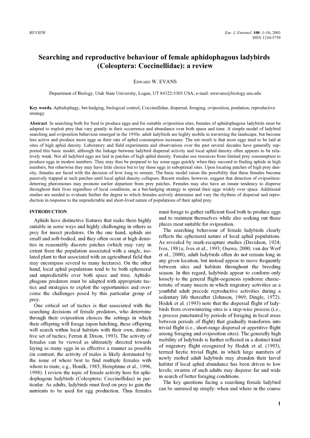 Coleoptera: Coccinellidae) in Par­ in Search Ofbetter Foraging Conditions