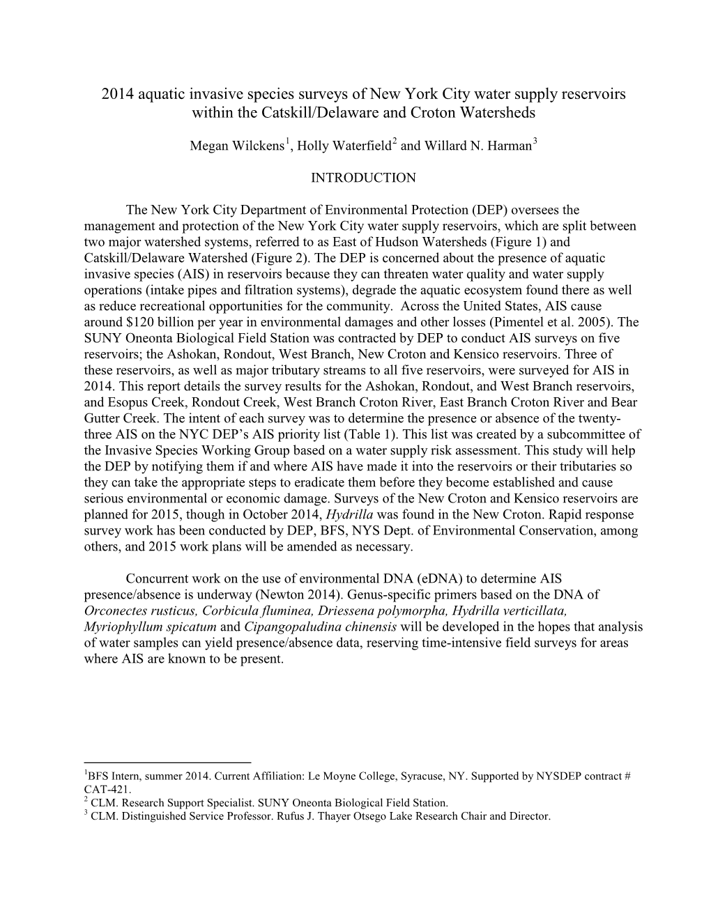 2014 Aquatic Invasive Species Surveys of New York City Water Supply Reservoirs Within the Catskill/Delaware and Croton Watersheds