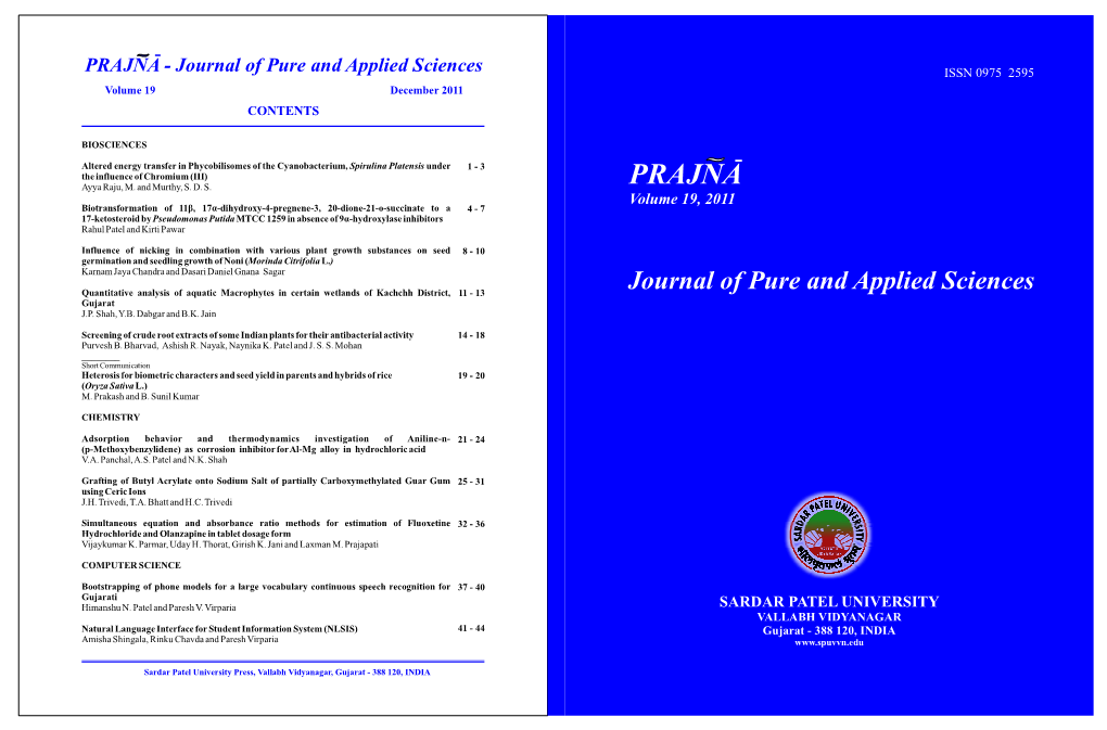 PRAJNA - Journal of Pure and Applied Sciences ISSN 0975 2595 Volume 19 December 2011 CONTENTS