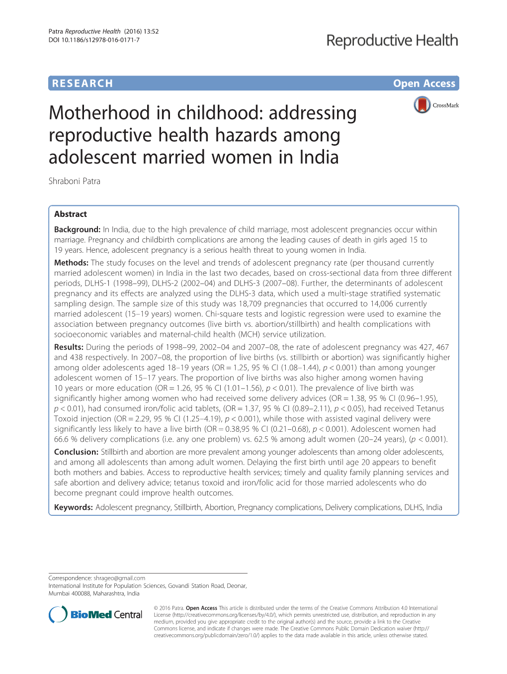 Addressing Reproductive Health Hazards Among Adolescent Married Women in India Shraboni Patra