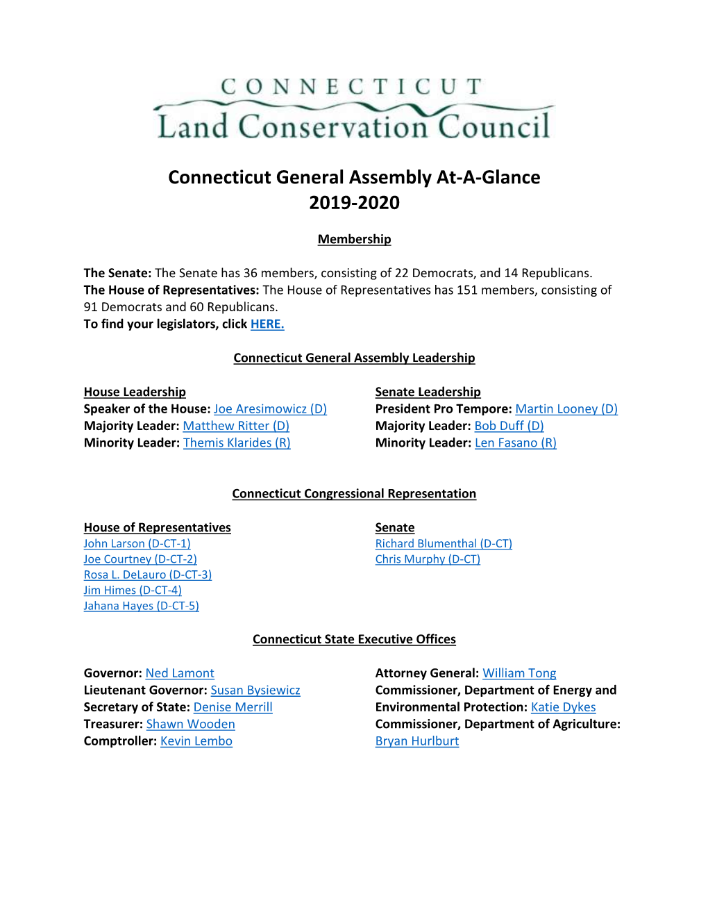 Connecticut General Assembly At-A-Glance 2019-2020