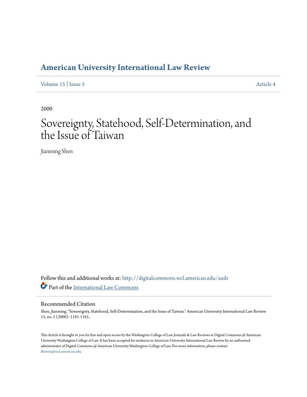 Sovereignty, Statehood, Self-Determination, and the Issue of Taiwan Jianming Shen