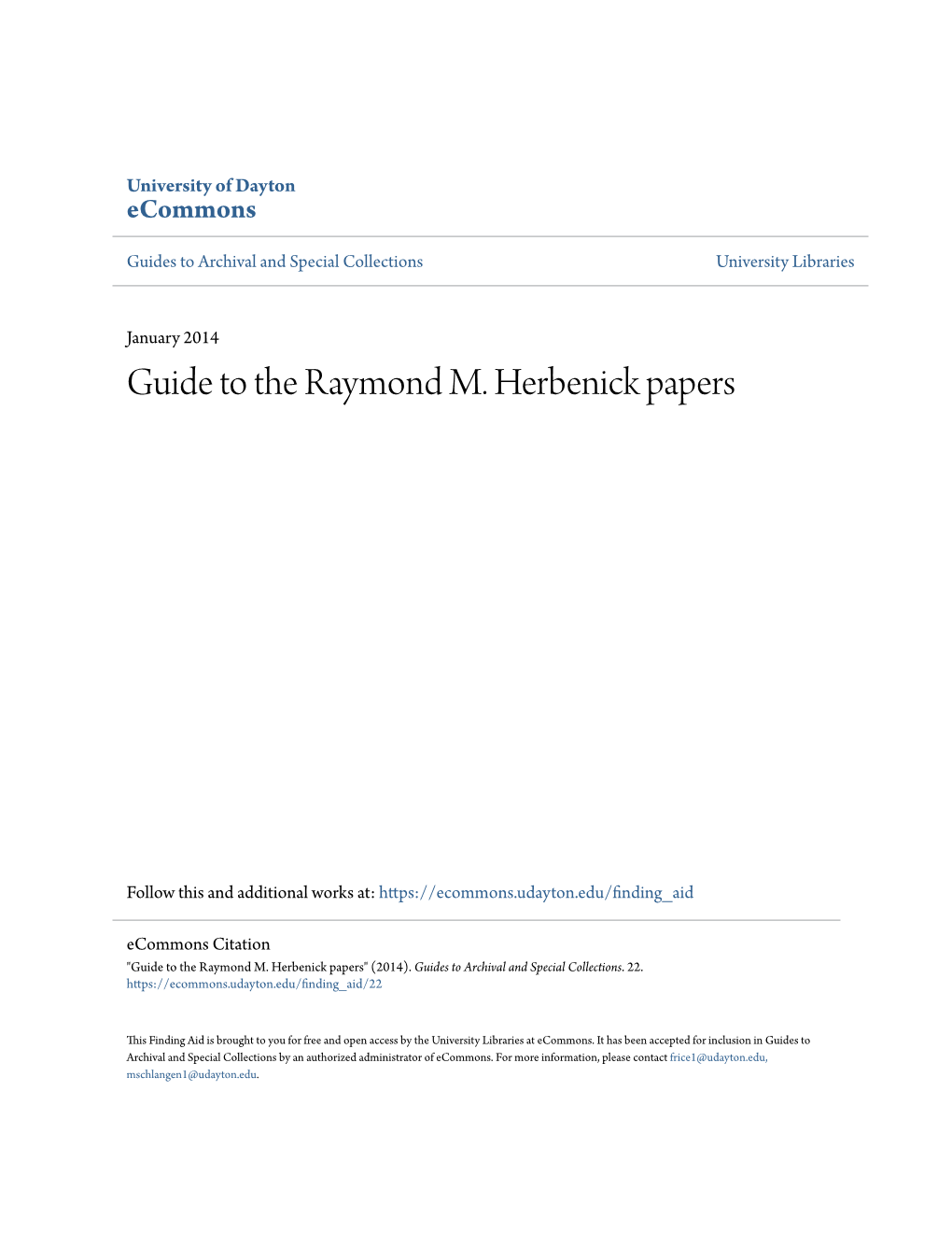 Guide to the Raymond M. Herbenick Papers