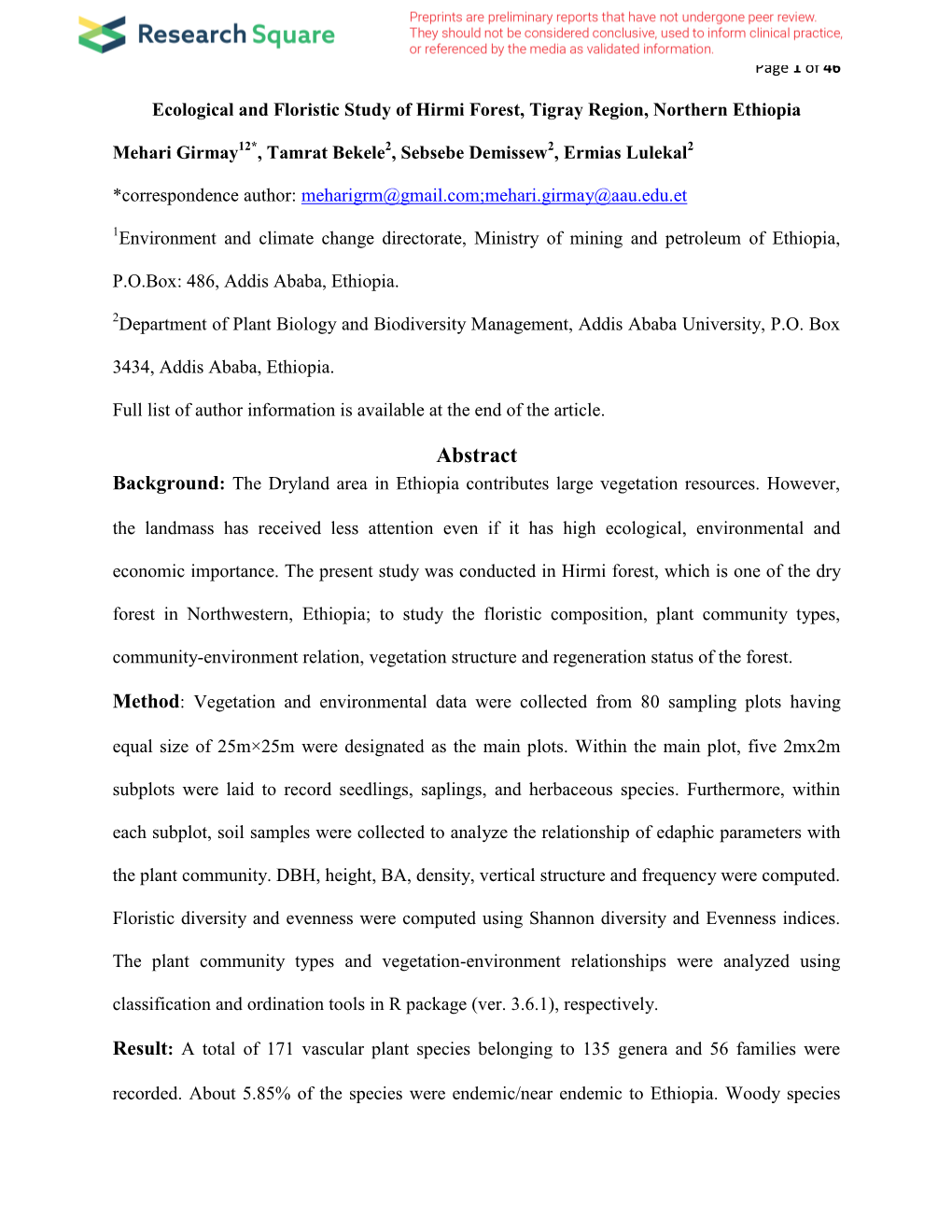 Abstract Background: the Dryland Area in Ethiopia Contributes Large Vegetation Resources