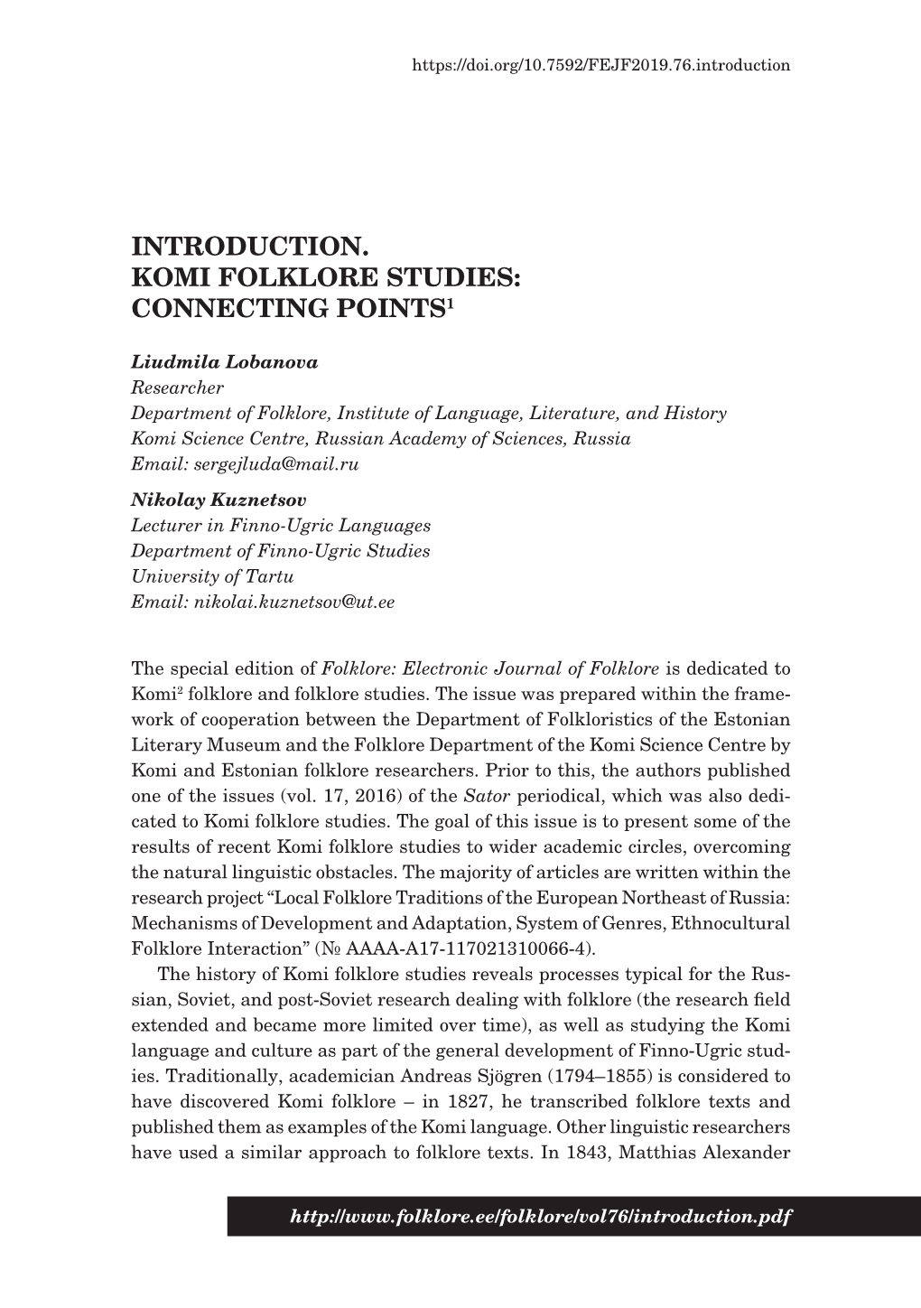 Introduction. Komi Folklore Studies: Connecting Points1