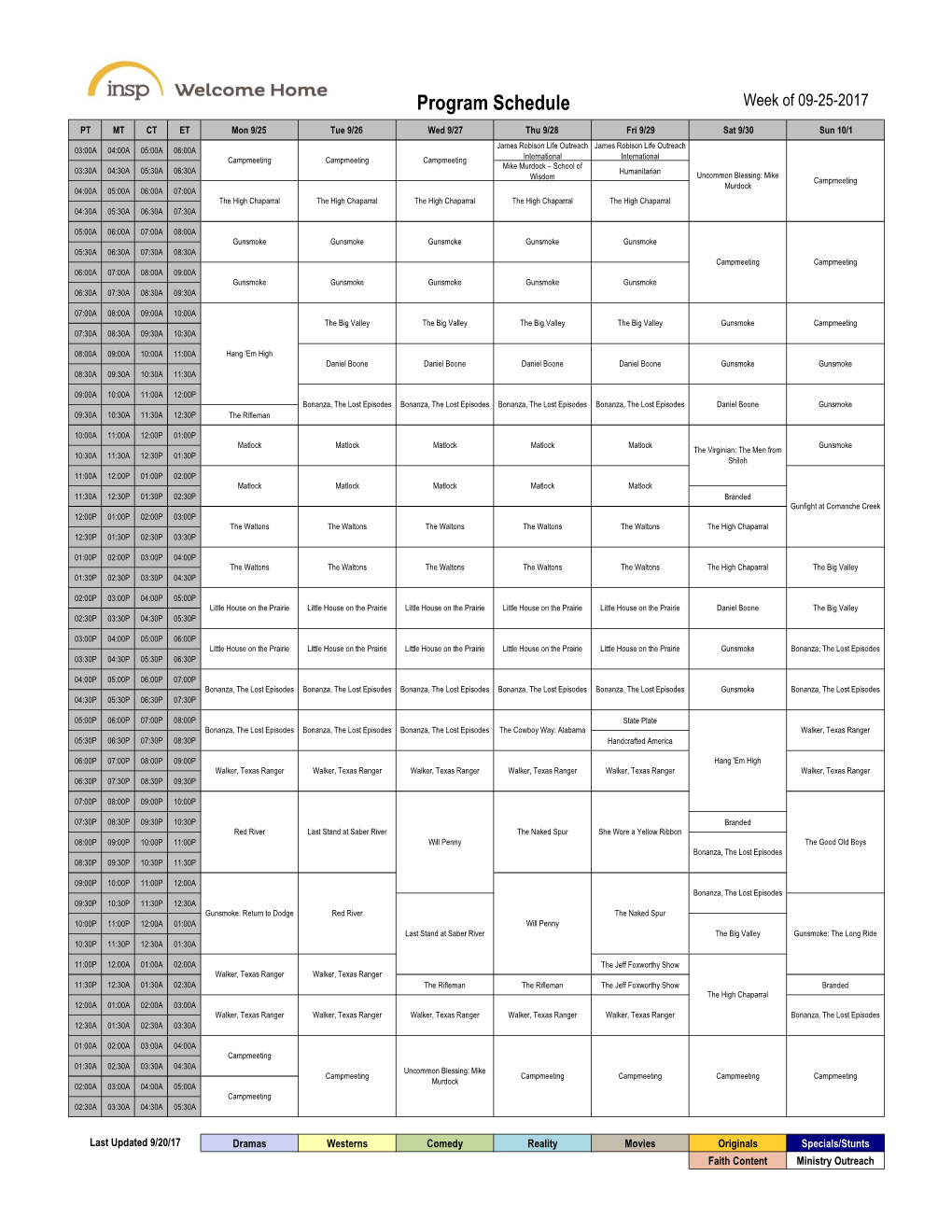 Program Schedule Week of 09-25-2017