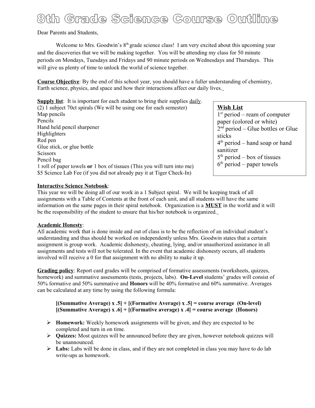 7Th Grade Science Course Outline