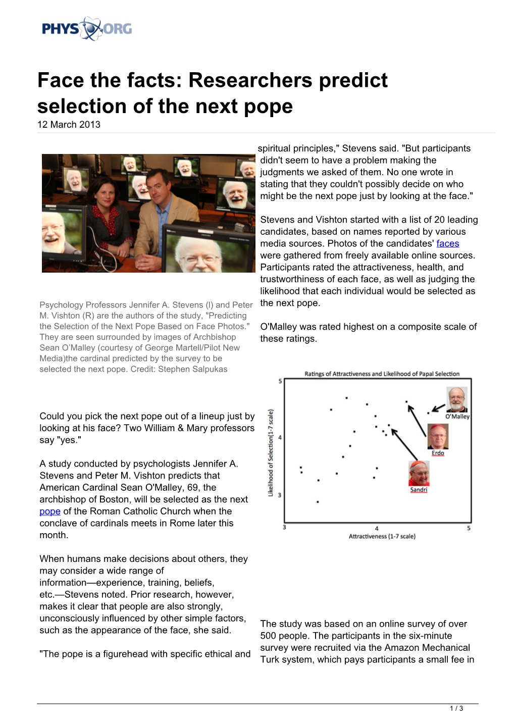 Face the Facts: Researchers Predict Selection of the Next Pope 12 March 2013
