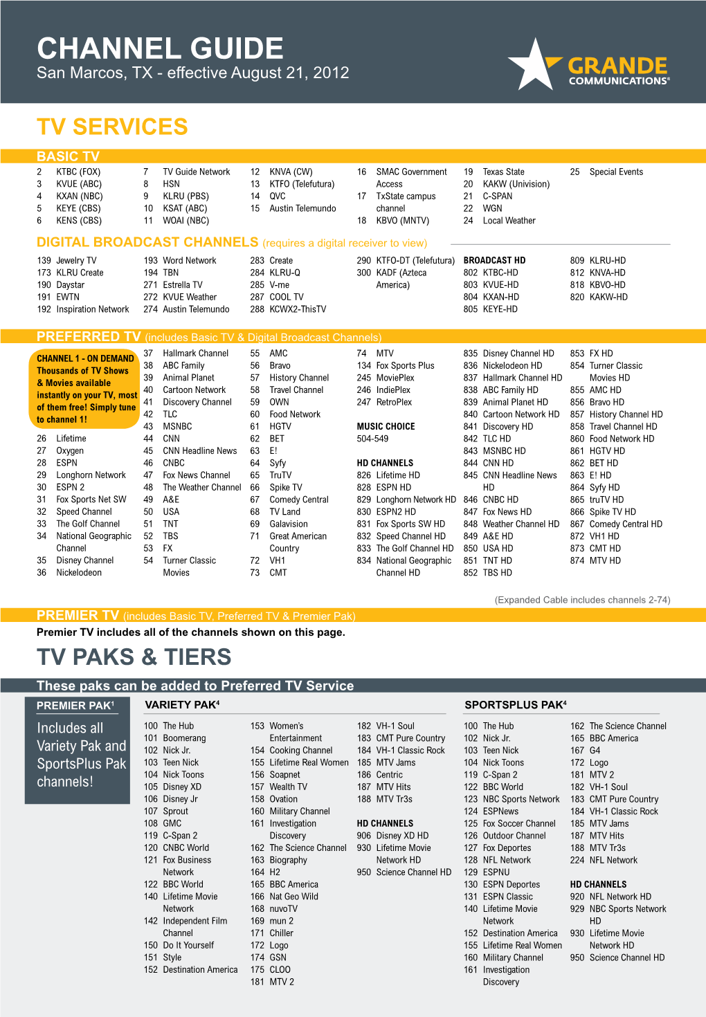 CHANNEL GUIDE San Marcos, TX - Effective August 21, 2012