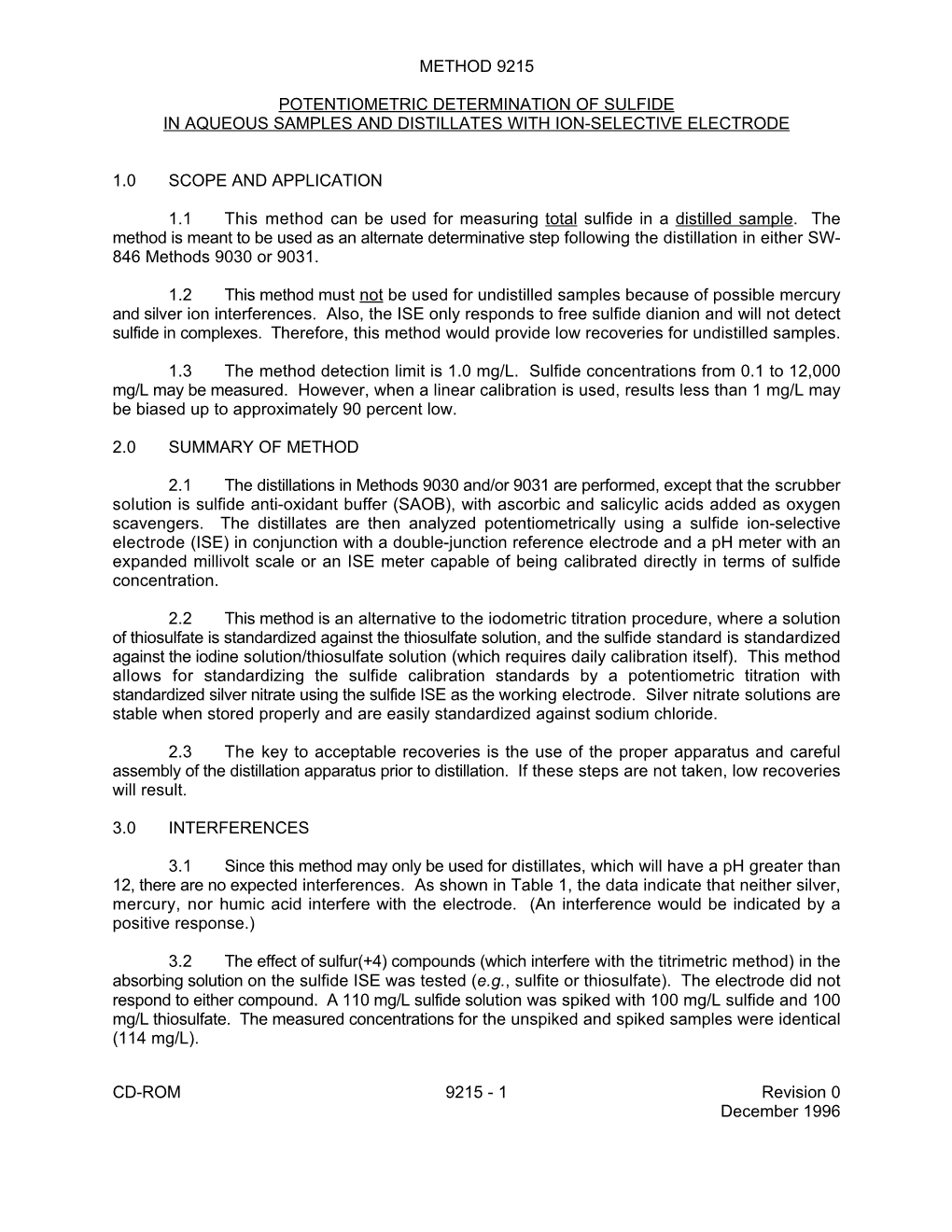 Method 9215: Potentiometric Determination of Sulfide in Aqueous Samples and Distillates with Ion-Selective Electrode, Part of Te