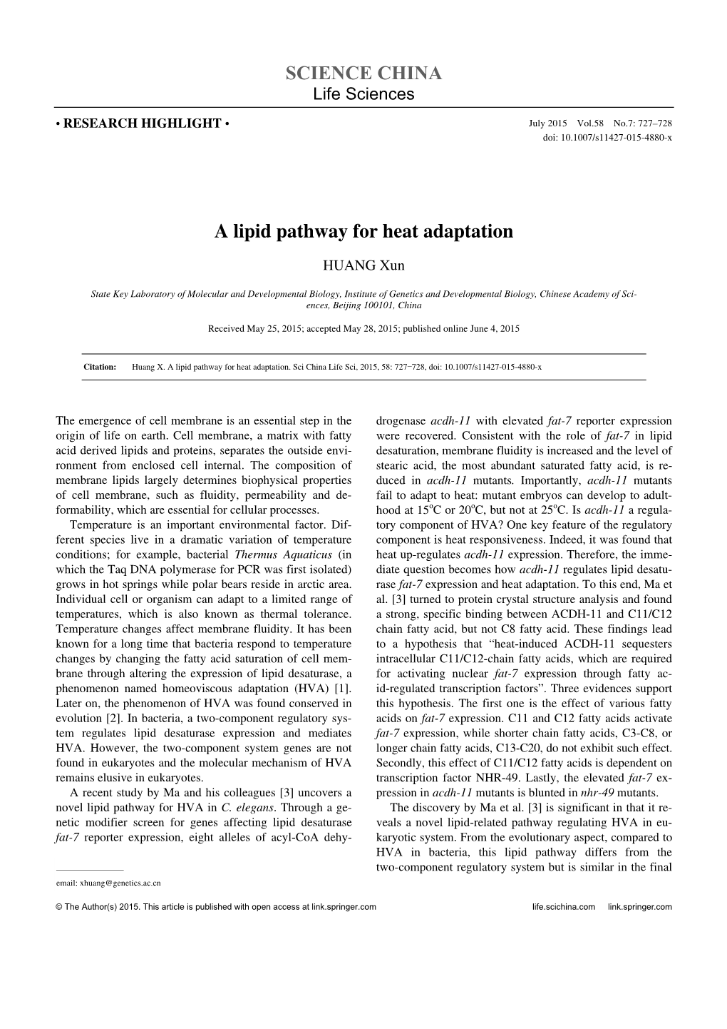 A Lipid Pathway for Heat Adaptation