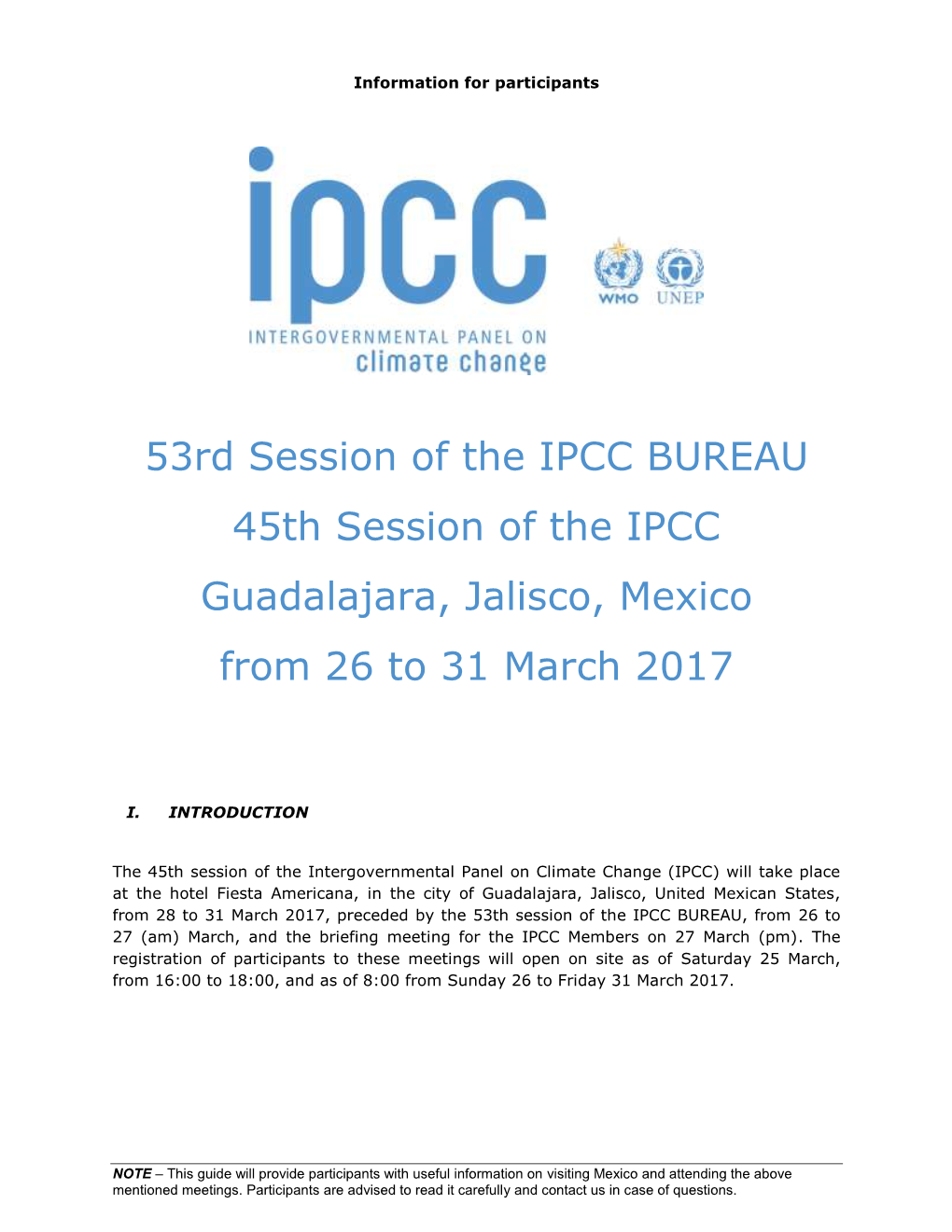 53Rd Session of the IPCC BUREAU 45Th Session of the IPCC Guadalajara, Jalisco, Mexico from 26 to 31 March 2017