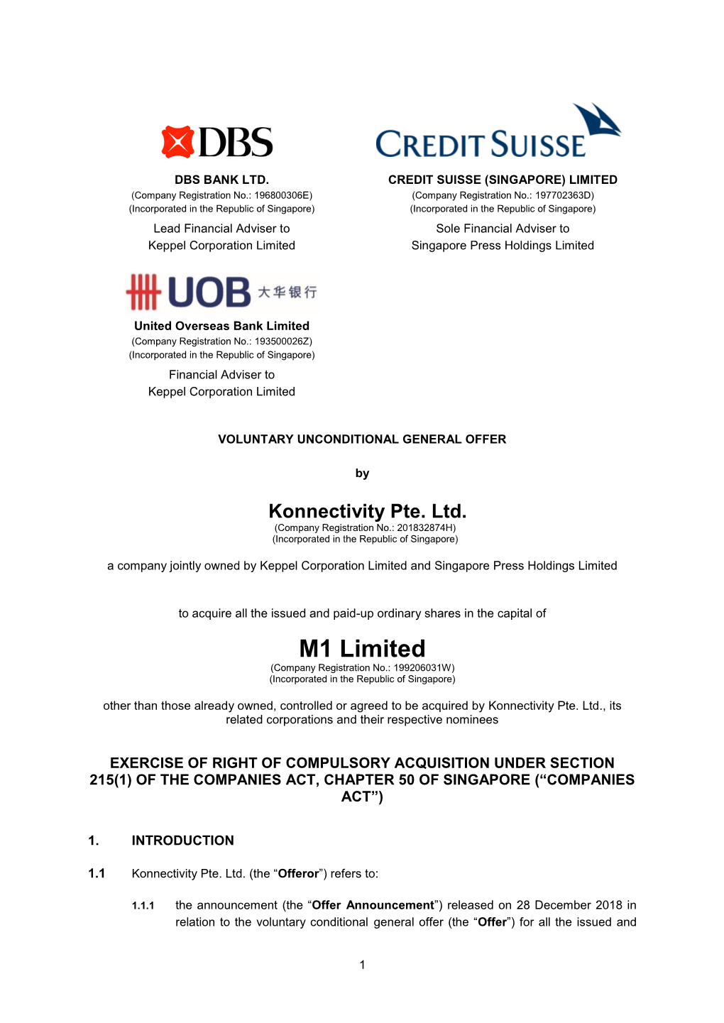 M1 Limited (Company Registration No.: 199206031W) (Incorporated in the Republic of Singapore)