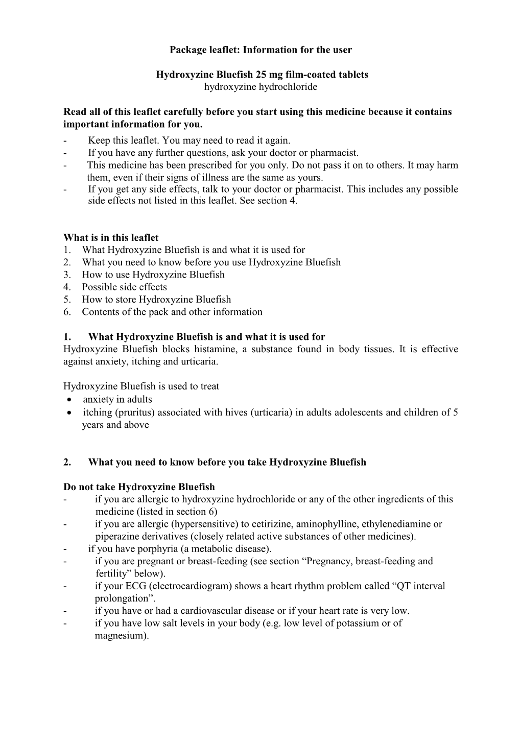 Package Leaflet: Information for the User Hydroxyzine Bluefish 25 Mg