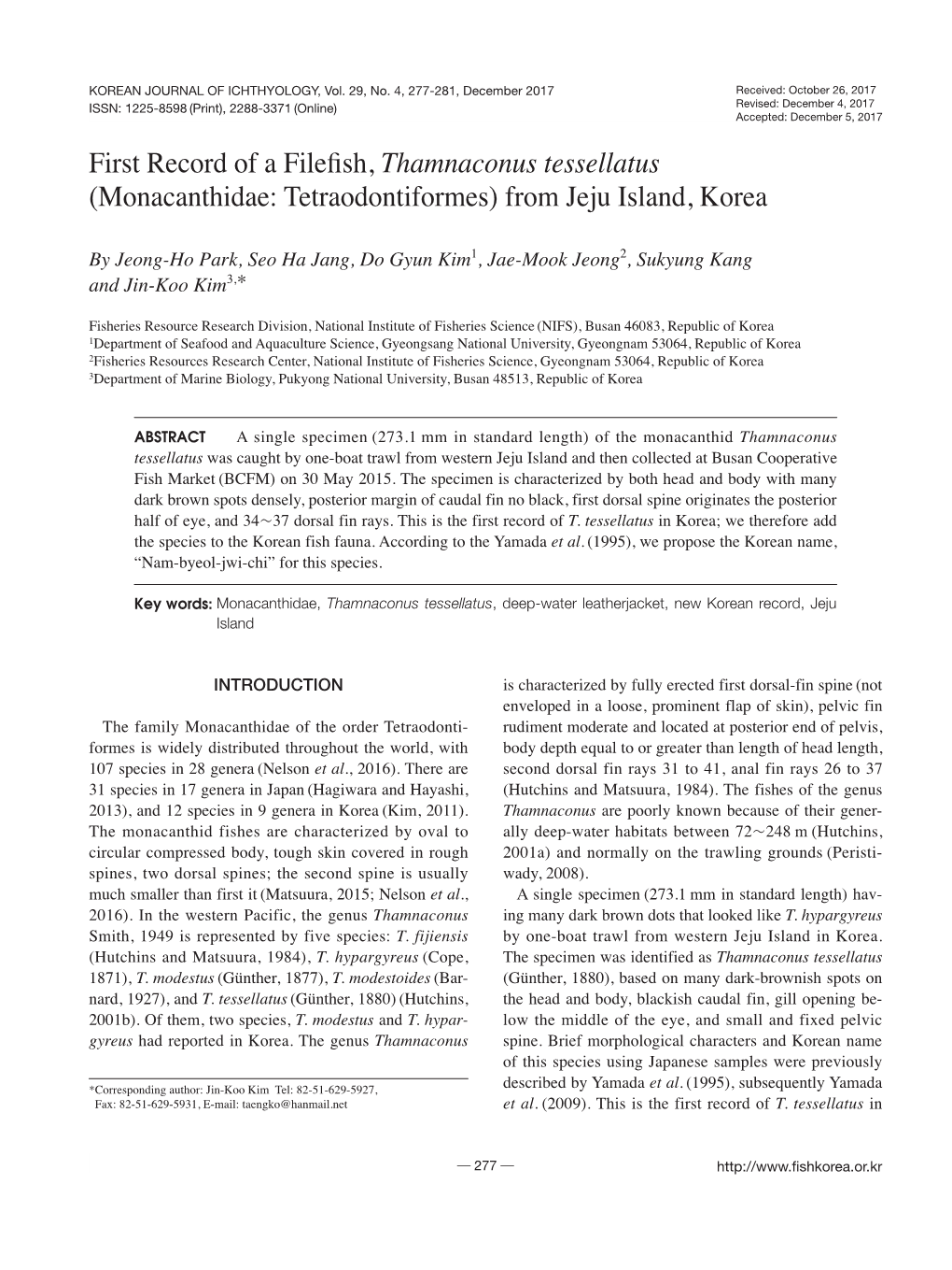 First Record of a Filefish, Thamnaconus Tessellatus (Monacanthidae: Tetraodontiformes) from Jeju Island, Korea