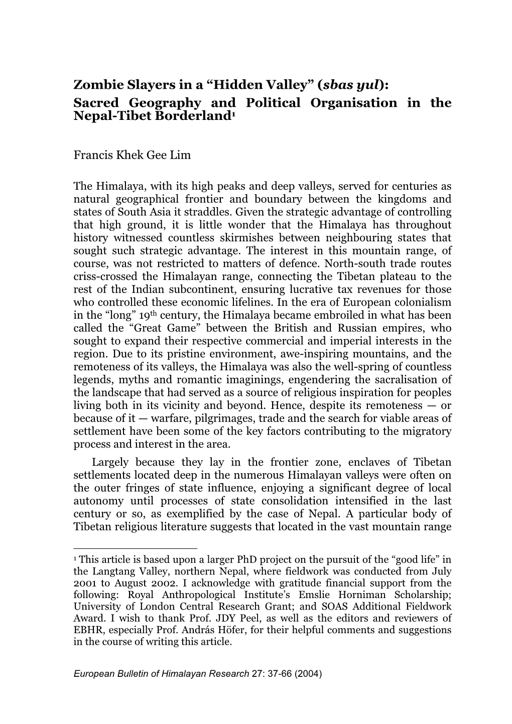 Zombie Slayers in a “Hidden Valley” (Sbas Yul): Sacred Geography and Political Organisation in the Nepal-Tibet Borderland1