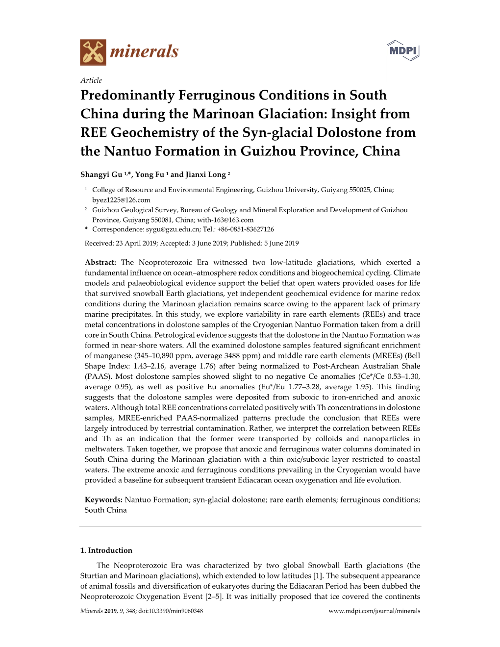 Predominantly Ferruginous Conditions in South China During