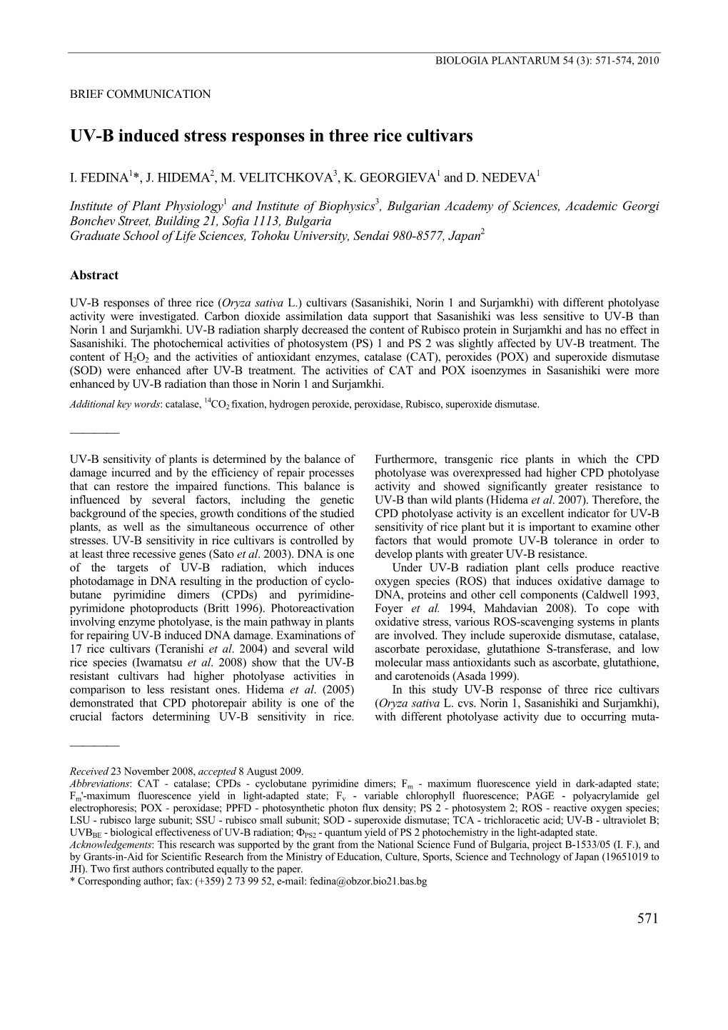 UV-B Induced Stress Responses in Three Rice Cultivars