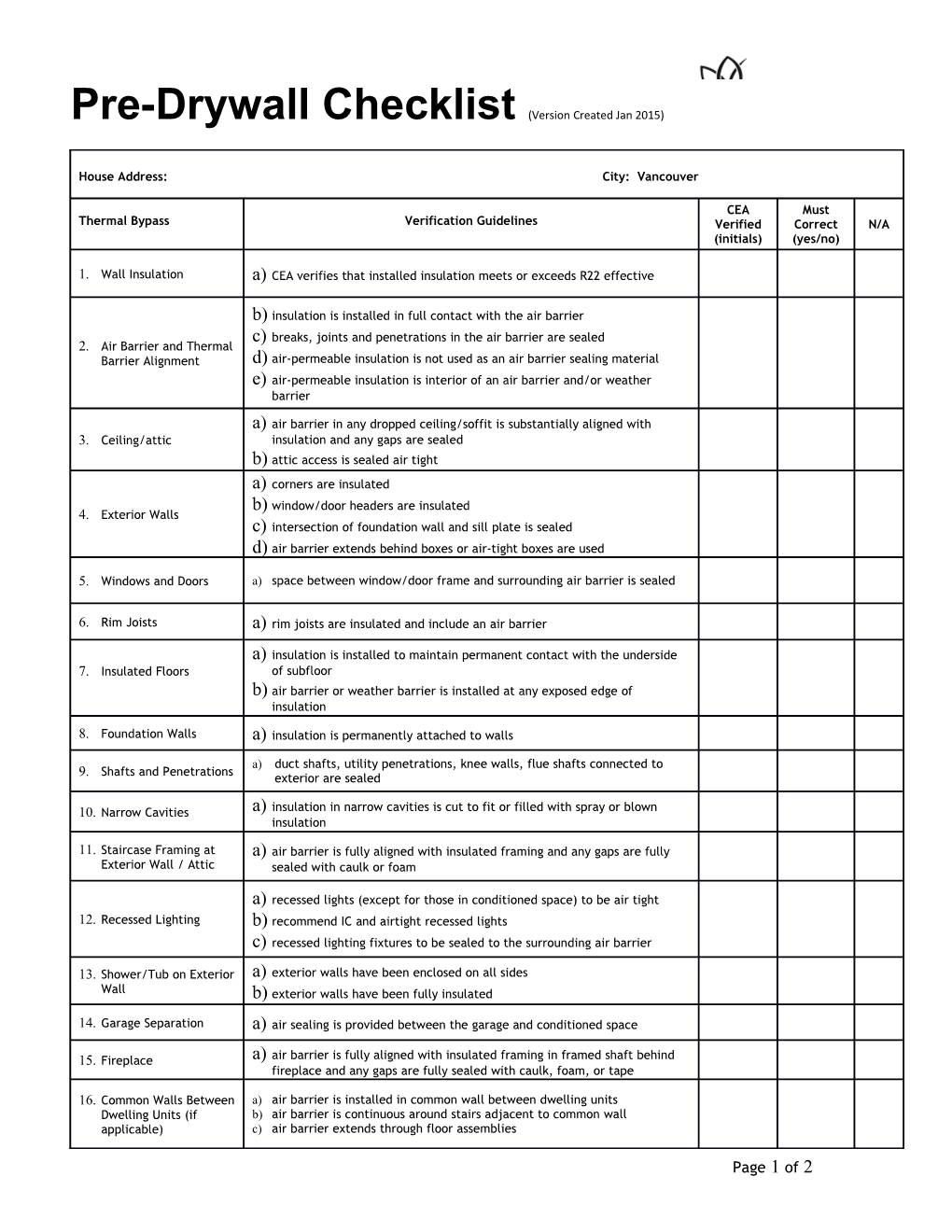 Pre-Drywall Checklist (Version Created Jan 2015)