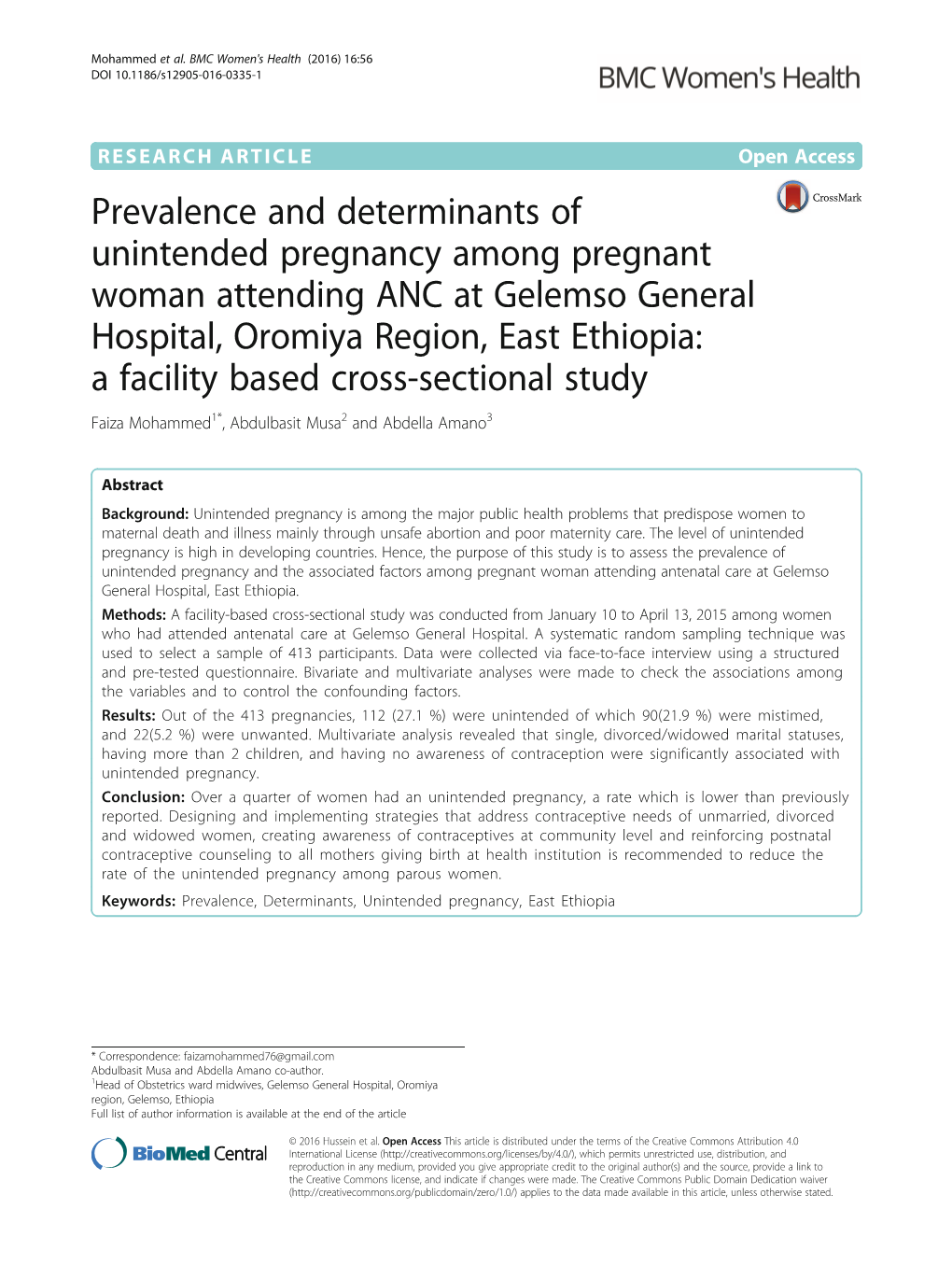 Prevalence and Determinants of Unintended Pregnancy Among