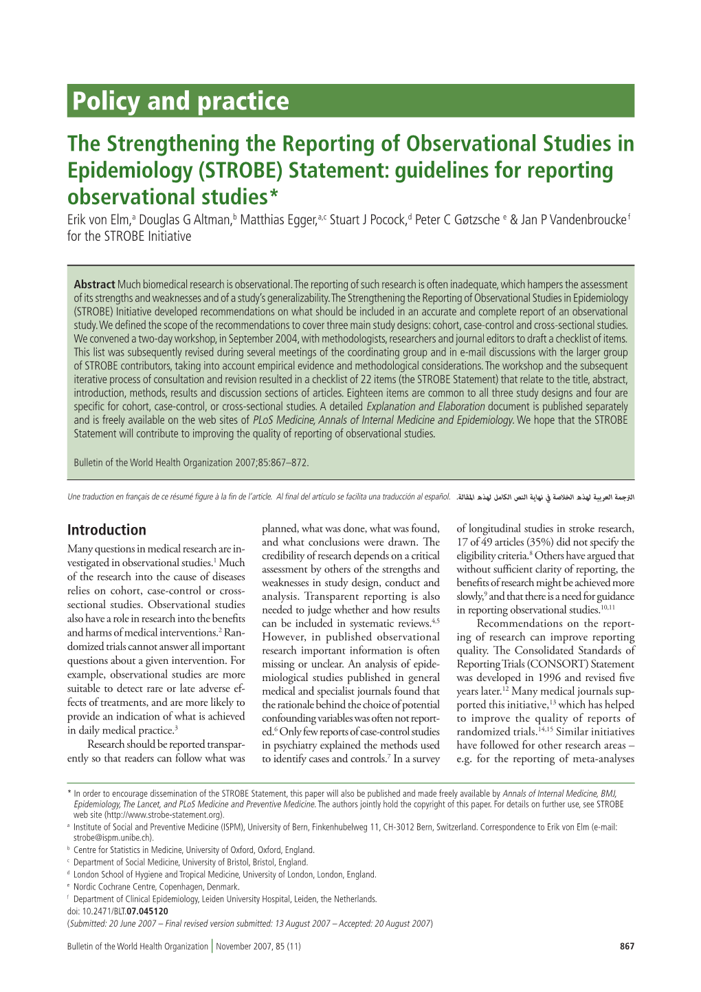(STROBE) Statement: Guidelines for Reporting Observational Studies