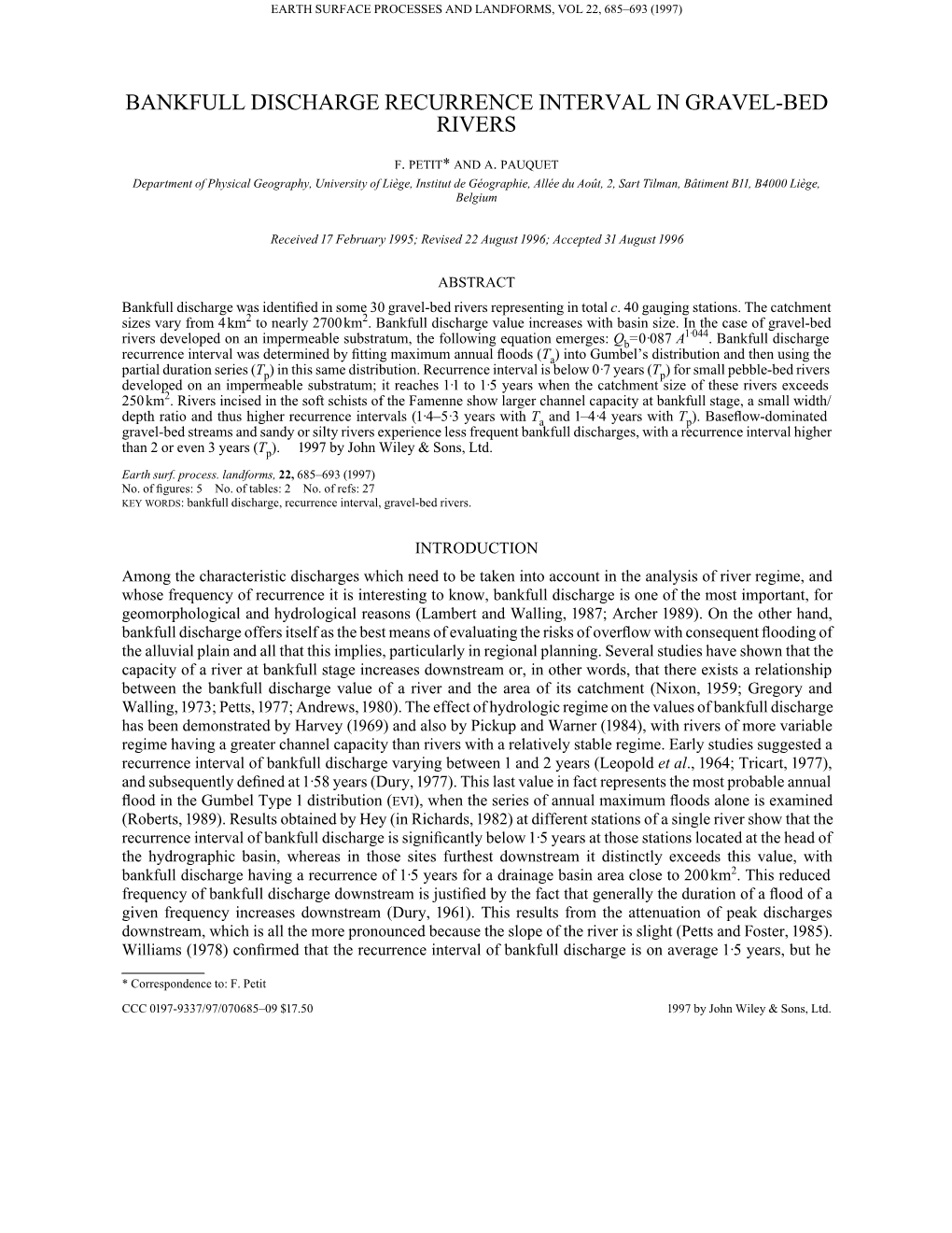 Bankfull Discharge Recurrence Interval in Gravel-Bed Rivers