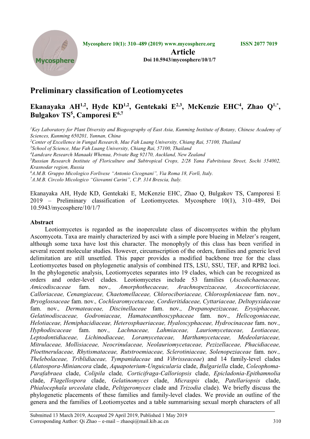 Preliminary Classification of Leotiomycetes