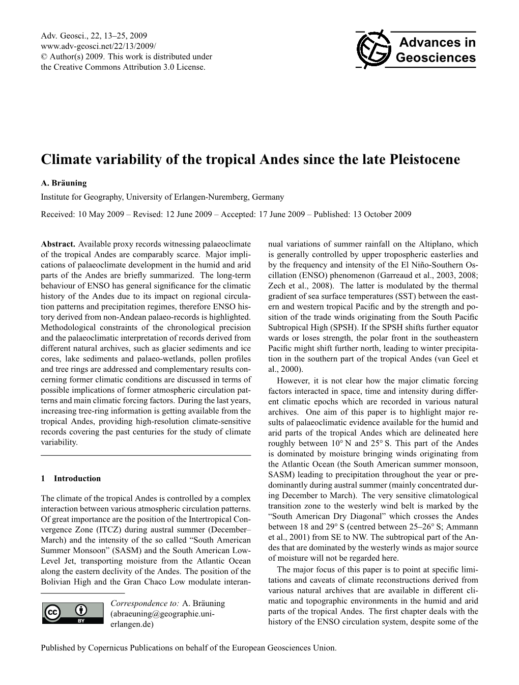 Climate Variability of the Tropical Andes Since the Late Pleistocene